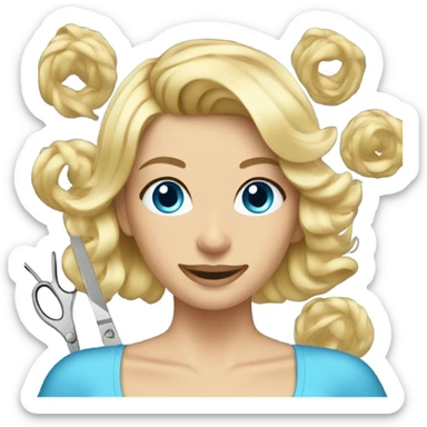 Blonde beautician cutting hair with blue eyes sticker