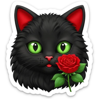 Cute emoji-style black cat holding a red rose in its mouth, big round eyes with light green sclera and black pupils, fluffy fur, clean mascot style, centered, soft beige background, 1:1 ratio. sticker
