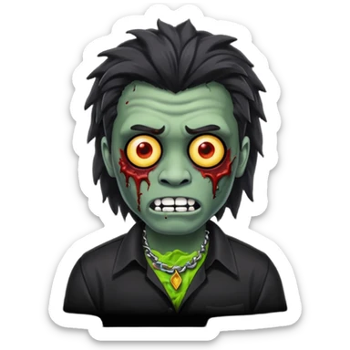 Emoji masculino de zumbi estilo iPhone,com cabelo ondulado mullet e preto, camisa preta e brincos sticker