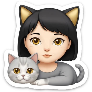 a girl Medium-length black hair + one golden shaded British Shorthair cat + one silver shaded British Shorthair cat. sticker