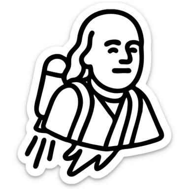Ben Franklin wearing a jetpack, flat icon style, black outline, no fill, suitable for a startup logo sticker