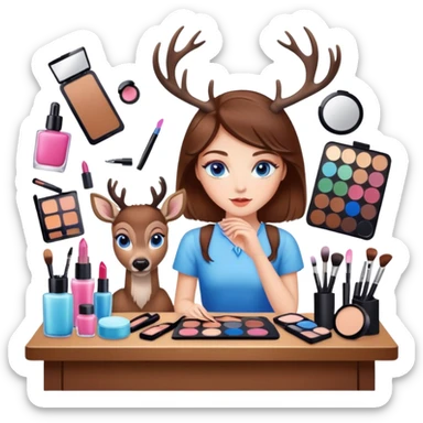 Girly deer with make up desk wit a bf lot cosmetics stuff, brown hair, blue eyes sticker
