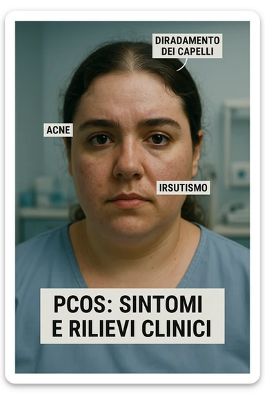 vertical realistic cinematic image: woman with evident PCOS symptoms, clinical atmosphere, realistic details, Italian captions, aspect ratio 2:3 sticker