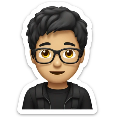 asian boy with glasses, long hair working, wearing black clothes , on his laptop  sticker