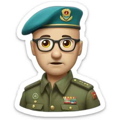 Realistic cyan beret bald very furious middle age general with glasses no hair furious very angry frown with khaki idf uniform sticker