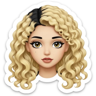 split dye leftside blonde rightside black hair, baddie, pretty makeup, black eyeliner, long and curly hair sticker