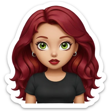 a pretty fair bratz girl with wavy dark red hair, wearing a black tee. eyeliner on, olive green eyes. Till stomach sticker
