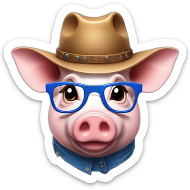 A pig with a cow boy's hat, with blue glasses and with a youtube logo in his chest sticker