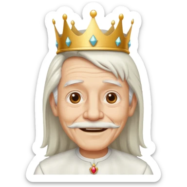 a smiling old man with long white hair and has no beard wearing a white smart shirt and a crown sticker