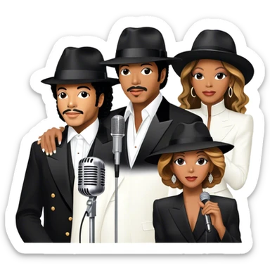 Icon for R&B Music: collage of iconic R&B artists—Michael Jackson, Beyoncé, Lionel Richie, Whitney Houston, and Barry White. Each artist represented by a silhouette or symbolic item (like a glove, microphone, or fedora). Transparent background. sticker