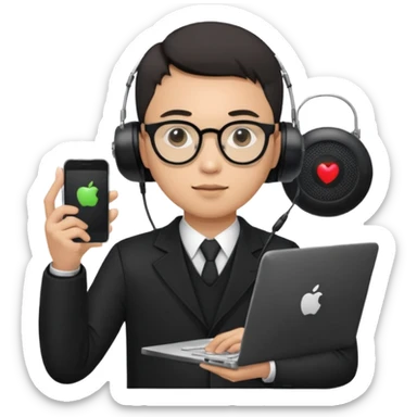 a asia man guy his 20s wearing an apple notebook, wearing bodyguard radio operator, round glasses, blAck clothes sticker