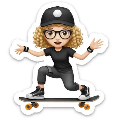 ["An excited girl with light skin, curly hair, wearing a baseball cap and square glasses, dressed in goth fashion, is skateboarding while holding a camera."] sticker