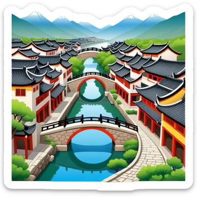 Lijiang Ancient Town Yunnan with canals and bridges, simplified emoji style with bold outlines and bright colors, cartoon style traditional Chinese old town sticker
