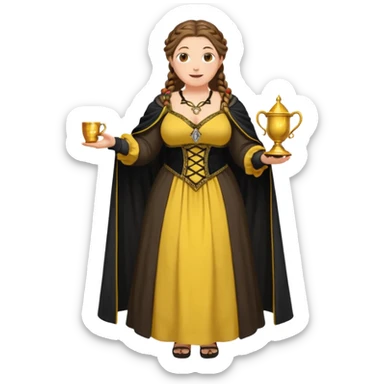 Helga Hufflepuff,brown-haired,2 braids,yellow-black medieval open dress,deep neckline,fat macromastia,black cloak decorated with gold braiding,gold cup with two handles,very kind smile,curvy busty sweet woman,round rosy cheeks,full length with medieval shoes sticker