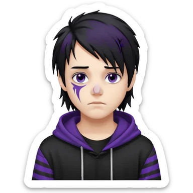 emo teen boy with long one-side messy black hair, dark hoodie with white and purple striped sleeves, piercings on his nose, dark eyeshadow sticker