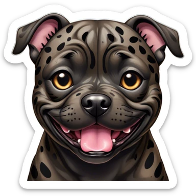 Cinematic Comical Black/Brindle Staffordshire Bull Terrier Portrait Emoji, Head tilted dramatically with an exaggeratedly amused expression, featuring a striking Fur with bold black and brindle patterns, wide, expressive dark eyes filled with playful disbelief, Simplified yet hilariously expressive features, highly detailed, glowing with a slightly sassy glow, high shine, dramatic yet playful, stylized with an air of cheeky mischief, bright and endearing, soft glowing outline, capturing the essence of a spirited and over-the-top guardian, so meme-worthy it feels like it could side-eye its way into internet fame instantly! sticker