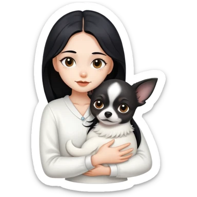 Fair skin girl - long black hair - white clothes - hugging a black chihuahua sticker