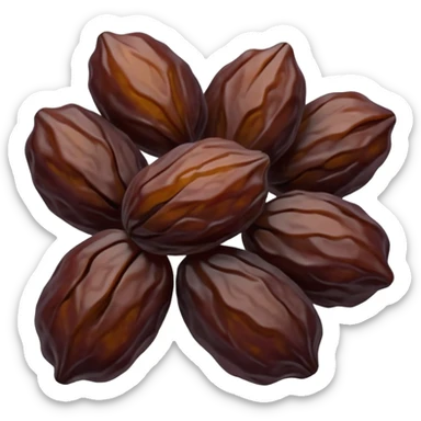 small cluster of dried raisins, deep brown to purplish tones, wrinkled, slightly glossy surfaces, irregular shriveled shapes, soft curves, subtle texture, no stems, no bowl, no garnish, soft lighting, subtle shadows, transparent background, emoji scale sticker
