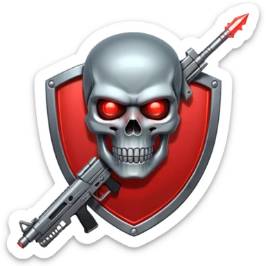 Sci-fi shield badge, terminator style skull, glowing red eyes, crossed futuristic assault rifle and energy sword, no background sticker