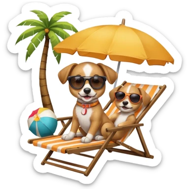 a dog laied on a beach chair, a sunny beach, a sun umbrella, and beach coconut trees. the icon should capture the essence of a relaxing beach vacation with a carefree atmosphere sticker