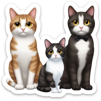 dark brown tabby cat sitting next to tuxedo cat and calico cat sticker