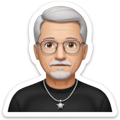 Tony Barceló is a large, strong, lively man in his 70s with short, neatly combed gray hair and a trimmed goatee. broad round face, square glasses, and a confident presence. a black outfit with a silver turtle necklace, reflecting his thoughtful, creative energy as a writer. a stubble  sticker