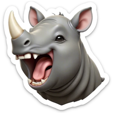 Cinematic Cute Yawning Rhinoceros Portrait Emoji, Head tilted slightly with a dramatic, wide-open yawn, showcasing a soft, textured slate-gray hide with a slightly drooping horn and eyes barely open in drowsy contentment, Simplified yet irresistibly adorable features, highly detailed, glowing with a soft, cozy glow, high shine, relaxed yet expressive, stylized with a touch of rugged whimsy, bright and endearing, soft glowing outline, capturing the essence of a sleepy yet affectionate rhinoceros, so drowsy it feels like it could stretch out of the screen and curl up for a nap! sticker