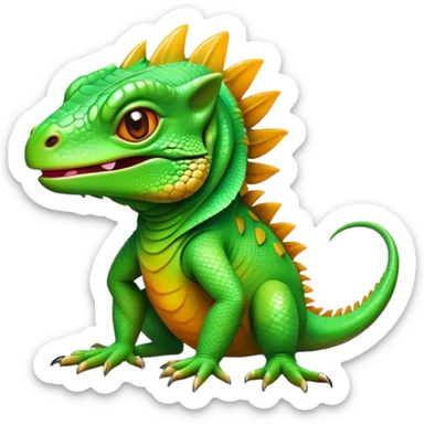 Cinematic Realistic Comical Iguana Portrait Emoji, Head tilted dramatically with an exaggeratedly amused expression, featuring a striking, glossy green-scaled body with bold natural textures and wide, expressive amber eyes brimming with playful disbelief, rendered with lifelike clarity and vibrant hues, high shine, dramatic yet playful, styled with an air of cheeky tropical mischief, soft glowing outline, capturing the essence of a spirited and over‐the‐top iguana that looks ready to charm its way into viral fame! sticker