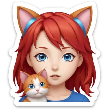 cute anime girl with cat ears, red blowing hair sticker