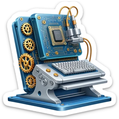 An icon featuring a giant machine soldering a huge microchip, symbolizing engineering. The design includes mechanical gears, circuit boards, and a blueprint, representing the precision and innovation in designing and building technology. Transparent background highlights the art of engineering sticker
