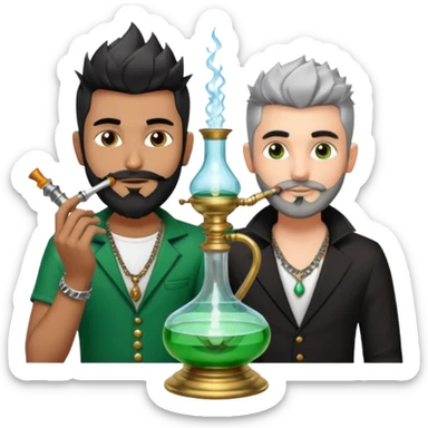 Brass hookah with green design on a glass water base on the top; with two smoke pipes where people are holding them and smoking - one white guy with spikes (silver and black hair) and another Tamil handsome with little beard Indian guy sticker
