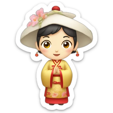 Chinese middle aged lady wear Chinese traditional dressd with a sign of agreeable  gesture sticker