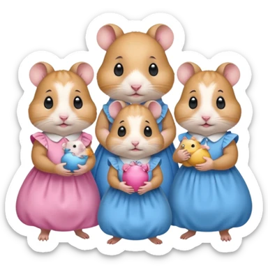 Family hamsters 5 mom dad baby boy wearing blue 2 girls wearing pink dresses and 3 have dummy’s in the mouth sticker