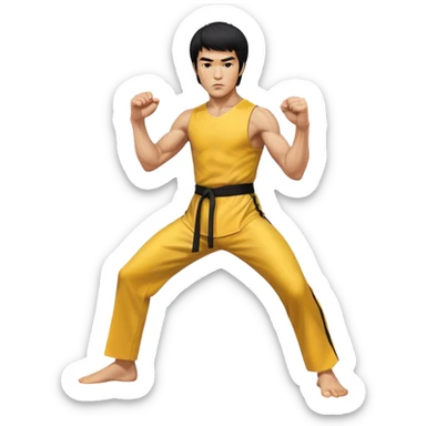 Bruce Lee in yellow jumpsuit, martial arts fighting stance, intense expression sticker
