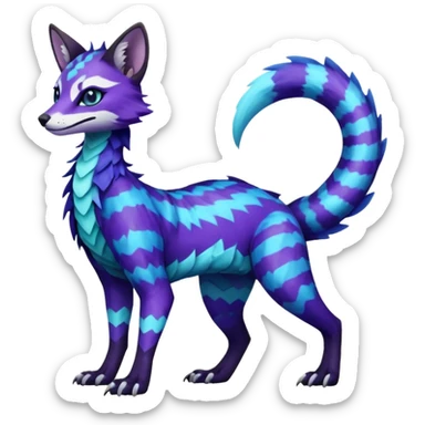 Realistic zig-zag-patterned striking indigo-violet-blue-cyan-gradiented with dark undertones, white underside, thunderous stormy edgy badass realistic Vernid-Sergal-Genet-Trico-species by LiLaiRa, full body sticker