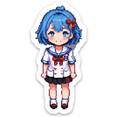 Pixel art anime girl with short bright blue hair wearing Japanese sailor style school uniform, trying to look confident with hand on hip but shyly waving with other hand, blushing cheeks and avoiding eye contact sticker
