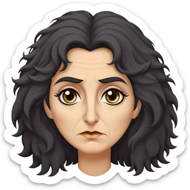 Mirri Maz Duur is a weathered, age 50 woman with deep-set dark eyes, high cheekbones, and a sharp nose, giving her a stern, knowing expression. Her long, unkempt dark frizzy hair  falls loosely over her shoulders sticker
