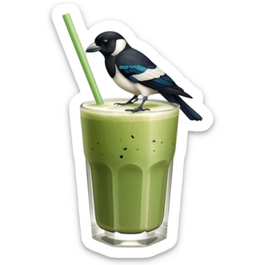 It’s an Australien Magpie sitting on an iced matcha latte on the edge of the glass. It has green matcha on its beak indicating it drank. The iced matxha latte is in a see through glass and white from the oat milk on the bottom and green on top…and there is a straw in the drink and ice cubes sticker