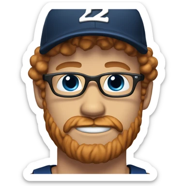 35 years old, male, short curly red hair, glasses, black baseball hat, blue eyes, pale complexion, thick beard and thin mustache sticker