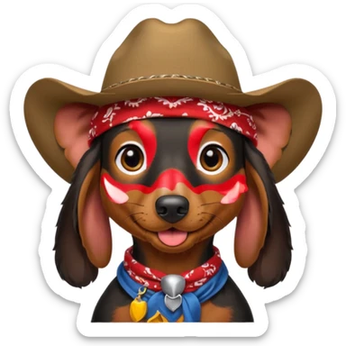 mostly black with some brown long hair daschund with a cowboy hat, ears curl out a bit and bandana and tongue slightly out sticker