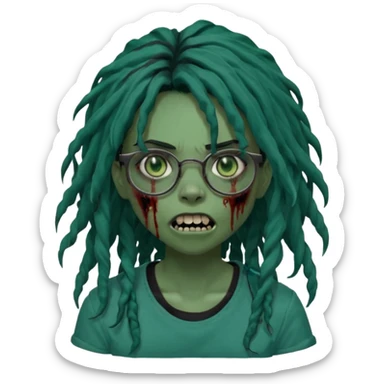 One girl greenskinned, zombie with glasses, with ombre black roots, dark teal long locks & side bang of her locs that fall over slightly covering the right eye, a sinister expression w/ the mouth open, teeth showing, and the jaw uneven. with a small wound near its mouth, her locks curly, black shirt sticker