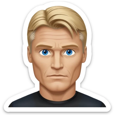 Dolph Lundgren with blue eyes, dark blonde hair, black outfit sticker