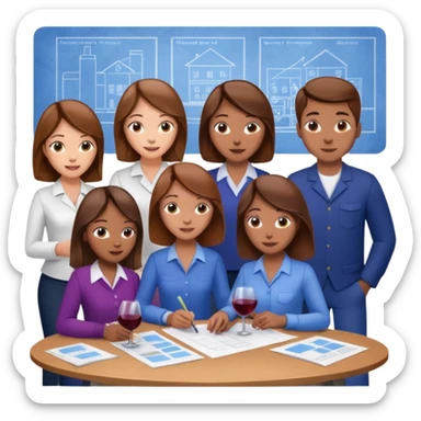 Make a photo of 5 project managers, specifically 3 girls with brown hair and 2 boys, that are making project for improvement of the winery sticker