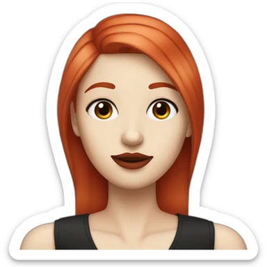 straight long red hair,red lipstick,black eyes, white skin and a small nose sticker