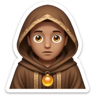 Coarse, hand-woven brown robes with deep,  shadowed cowls  with A dark, light-absorbing void within the hood where only two glowing yellow or orange eyes are visible. In AI generation, specify "glowing orb-like eyes" or "beady luminous eyes". sticker