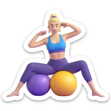 Yellow-skinned girl with high ponytail wearing blue sports bra and navy yoga pants doing yoga with a large exercise ball sticker