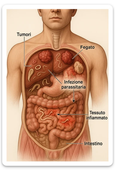 a cross-section of a man’s torso displays various types of parasites embedded in the liver, intestines, and other organs. Tumor growths and inflamed tissues are clearly depicted, with arrows or labels explaining the link between parasitic infection and health problems. The mood is cautionary and informative. in italiano sticker