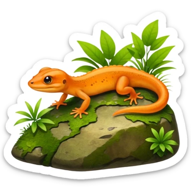 A small orange-brown newt on a mossy rock near a pond. Realistic lighting, visible tail, green plants and soft sunlight, detailed wildlife photo. sticker