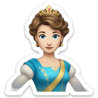 a girl with short brown hair and blue eyes in a princess asterisk costume sticker