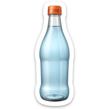 A 3D Apple-style empty soda bottle emoji, classic transparent glass with a narrow neck, no liquid inside, shiny reflective surface, light highlights on the glass, simple round body with a small cap, clean minimal background. sticker